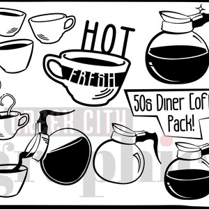 May include: Black and white illustration of a 50s diner coffee pack. The pack includes a coffee pot, coffee cups, and a sign that says "Hot Fresh Coffee".