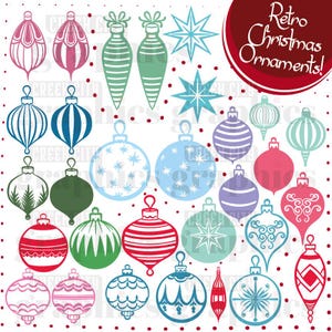 May include: A collection of retro Christmas ornaments in various colors and designs. The ornaments include teardrop shapes, round balls, and star shapes. The color palette includes red, pink, blue, green, and purple. The text "Retro Christmas Ornaments!" is in a red circle.