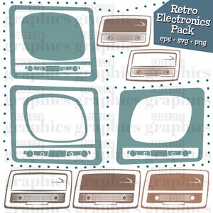 May include: A set of six retro-style electronics illustrations, including televisions and radios. The illustrations are in shades of blue, brown, and white, and have a vintage aesthetic.