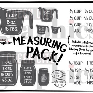 May include: Black and white printable measuring cups and spoons set with text that reads "MEASURING PACK!" and includes measurements for cups, tablespoons, teaspoons, gallons, quarts, pints, ounces, and fluid ounces.