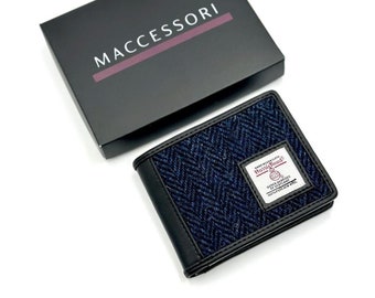 Men's Wallet in Blue Herringbone Harris Tweed. This Coin Bifold Wallet makes Unique Gift for him