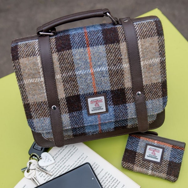 Mini Messenger Bag in Blue/Brown Harris Tweed. Tweed Messenger Bag - excellent Scottish Gift