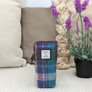 Harris Tweed  Double Glasses Sleeve in Green and Purple Plaid