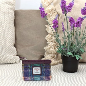 Harris Tweed Small Cloth Coin Purse in Purple Green Plaid . Female Small Wallet /Coin Purse / Money Pouch