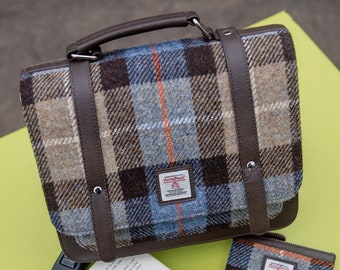 Mini Messenger Bag in Blue/Brown Harris Tweed. Tweed Messenger Bag - excellent Scottish Gift