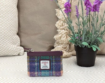 Harris Tweed Small Cloth Coin Purse in Purple Green Plaid . Female Small Wallet /Coin Purse / Money Pouch