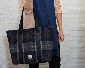 Blue - Grey Harris Tweed Shopper Bag / Canvas Tote Bag. Extra Large Tote is Eco Friendly Bag