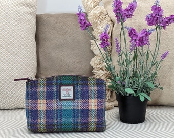 Woven Wash Bag in Harris Tweed Green Purple Plaid -  Make Up Pouch or Toiletry Bag Women