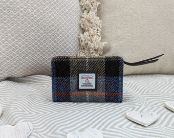 Medium Woven Wallet in Blue Brown Check Harris Tweed. Zip Wallet / Unique purse .