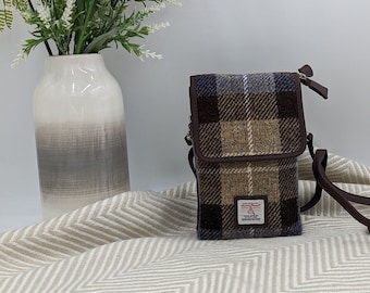 Harris Tweed Mini Crossbody Bag in Blue - Brown Check . Great small hip bag for essentials. Cross body purse .