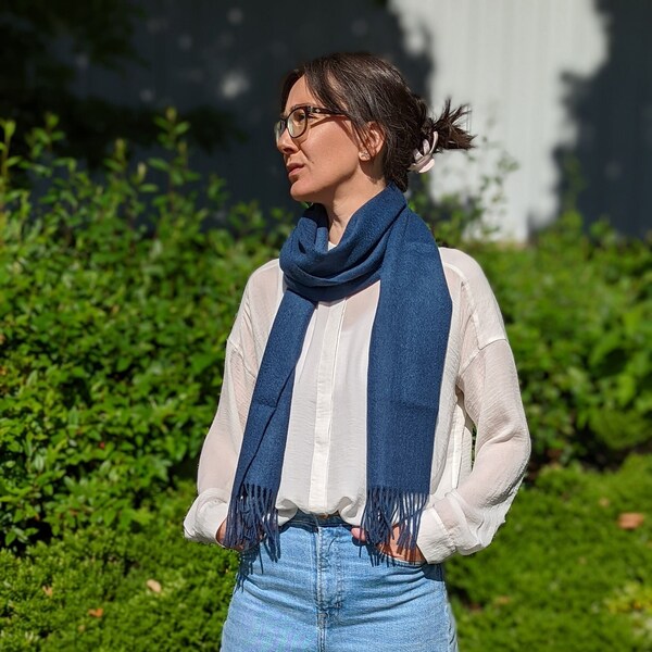 Soft Lightweight Beautifully finished Navy Wool Scarf . 100% wool long scarf.