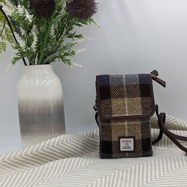 Harris Tweed Mini Crossbody Bag in Blue - Brown Check . Great small hip bag for essentials. Cross body purse .