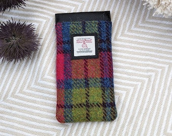 Harris Tweed Glasses Sleeve in Blue Pink/Check . Small Scottish accessory ,  Gift for Friend