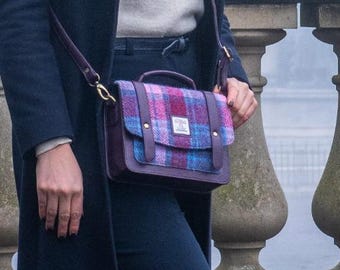 Ladies Mini Messenger Bag Women Harris Tweed / Small Cross Body Satchel . Pastel Pink colour