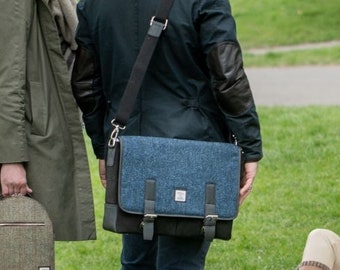 Messenger Bag Men / Messenger Bag Women in Blue Harris Tweed. Unique Harris Tweed Satchel makes great Scottish Gift