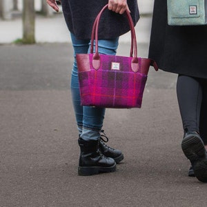 Gift for her , cute Tote Bag in Purple Check . Scottish Harris Tweed Handbag