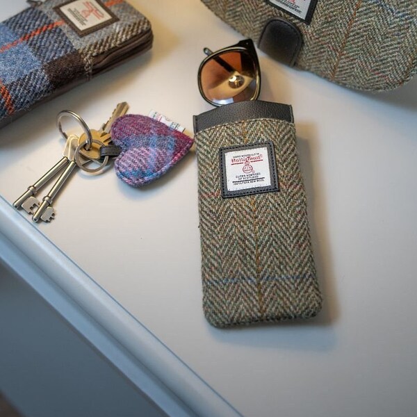 Harris Tweed Glasses Sleeve in Country Green colour , unusual glasses case .