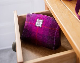 Woven Wash Bag in Harris Tweed in Purple Check. Use as Cosmetic Organizer/ Make Up Pouch or Toiletry Bag Women