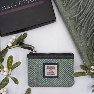 Petit porte-monnaie en tissu en tweed Harris à chevrons turquoise. Petit portefeuille/porte-monnaie pour femme