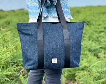 Blue Harris Tweed Shopper Bag / Canvas Tote Bag. Extra Large Tote is Eco Friendly Bag