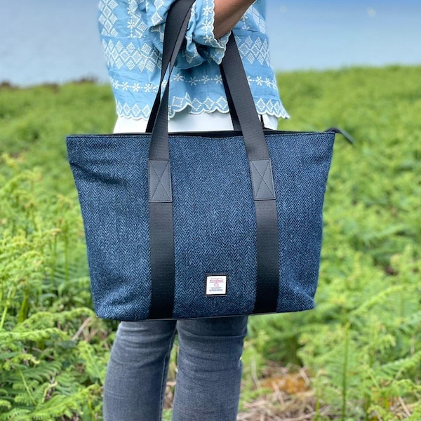 Blue Harris Tweed Shopper Bag / Canvas Tote Bag. Extra Large Tote is Eco Friendly Bag