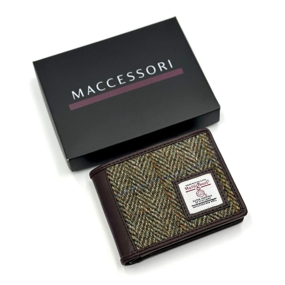Men's Wallet in Country Green Harris Tweed. This Coin Bifold Wallet makes Unique Gift for him