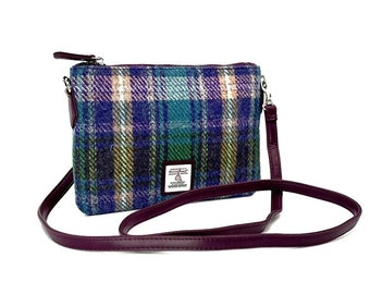 Cross Shoulder Bag in Green Purple Plaid Harris Tweed - Can be Ladies Clutch Bag or Evening Bag