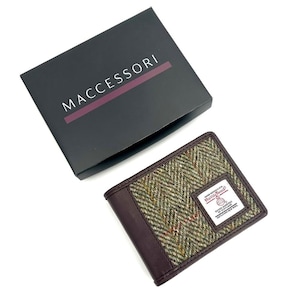Carteira de tecido masculina em Green Harris Tweed. Carteira com três dobras/porta-cartão de crédito – excelente presente escocês, presente para padrinhos.
