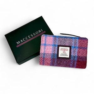 Cartera funcional con cremallera para mujer - Monedero Harris Tweed rosa pastel