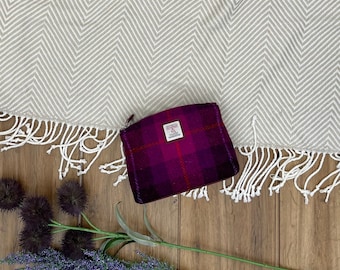 Woven Wash Bag in Harris Tweed in Purple Check. Use as Cosmetic Organizer/ Make Up Pouch or Toiletry Bag Women