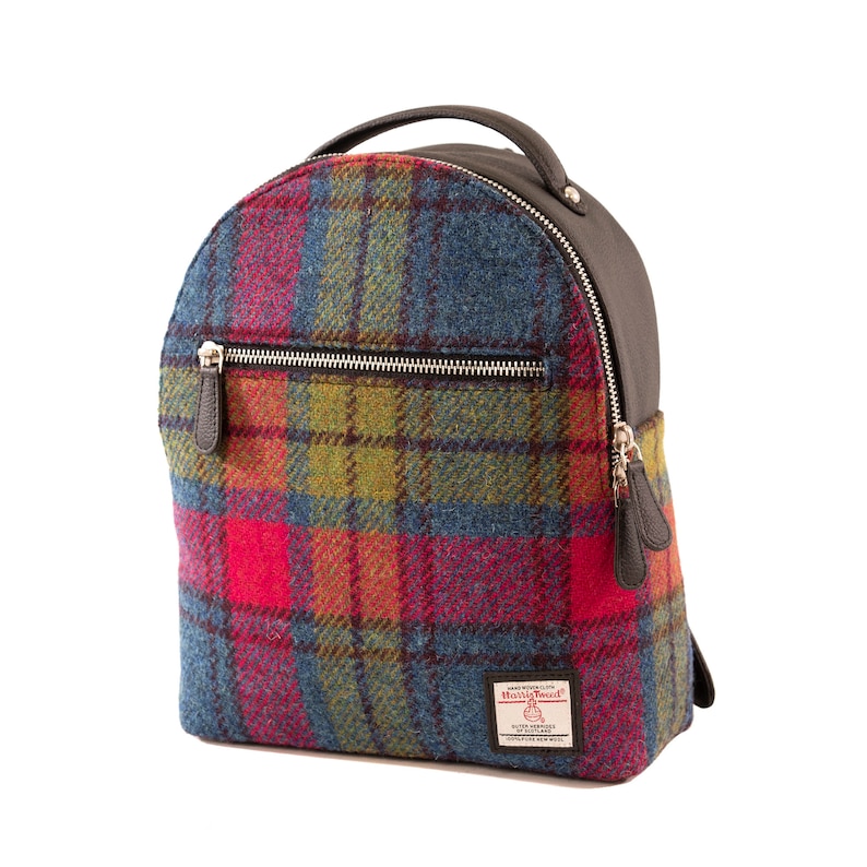 Rainbow Fabric Mini Backpack Purse, Blue Pink Harris Tweed / Small Backpack Purse . image 2