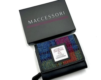 Gorgeous Female Small Trifold Purse in Blue Pink  Harris Tweed. Excellent Gift