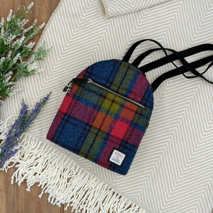 Rainbow Fabric Mini Backpack Purse, Blue Pink Harris Tweed / Small Backpack Purse . image 7
