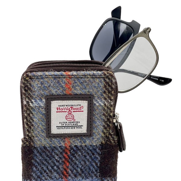 Harris Tweed  Double Glasses Sleeve in Blue/Brown Check colour , unusual glasses case for loved one.