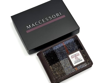 Men's Wallet in Blue Brown Harris Tweed. This Slim Coin Bifold Wallet makes Great Scottish gift.