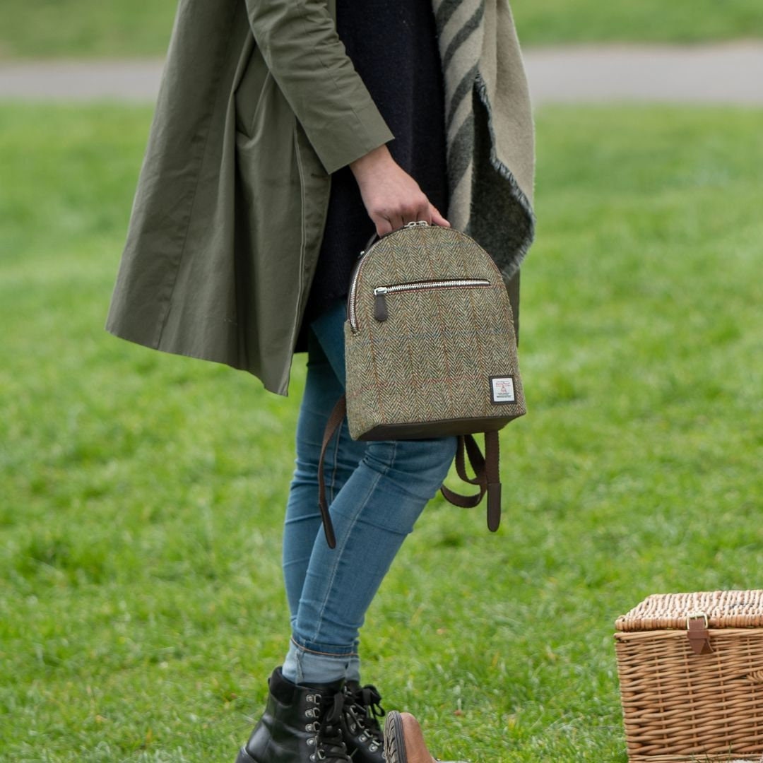 Mini Backpack Purse in Green Harris Tweed / Small Backpack 