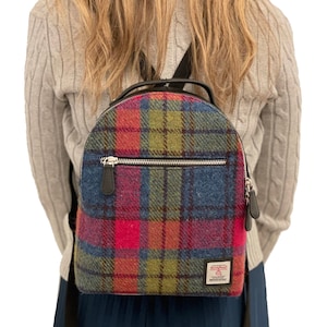 Rainbow Fabric Mini Backpack Purse, Blue Pink Harris Tweed / Small Backpack Purse . image 3
