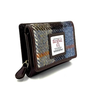 Amazing Female Small Trifold Purse in Blue Brown Harris Tweed.