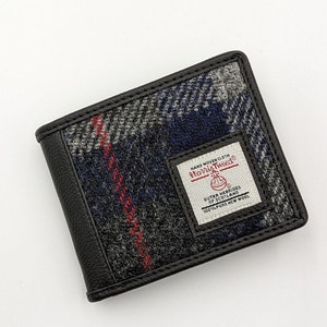 Carteira Trifold em Blue Check Harris Tweed. Carteira de Tecido para Homens. Carteira pequena para dinheiro.