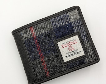 Trifold Wallet in Blue Check Harris Tweed. Cloth Wallet for Men . Small money wallet .