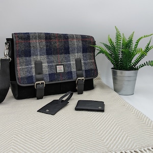 Mens Messenger Bag in Grey and Blue Harris Tweed. Mens Satchel Bag / Laptop Carrier