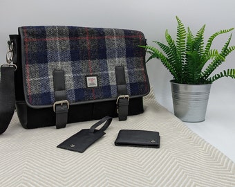 Herren Umhängetasche aus Harris Tweed in Grau und Blau. Herren Tasche, Laptoptasche, Laptoptasche