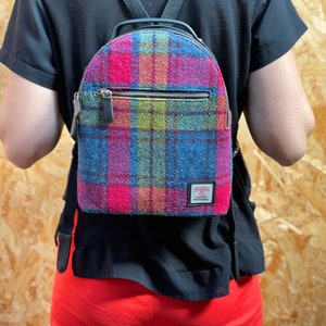 Rainbow Fabric Mini Backpack Purse, Blue Pink Harris Tweed / Small Backpack Purse . image 10