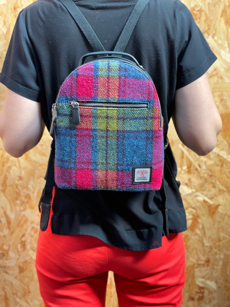 Rainbow Fabric Mini Backpack Purse, Blue Pink Harris Tweed / Small Backpack Purse . image 10