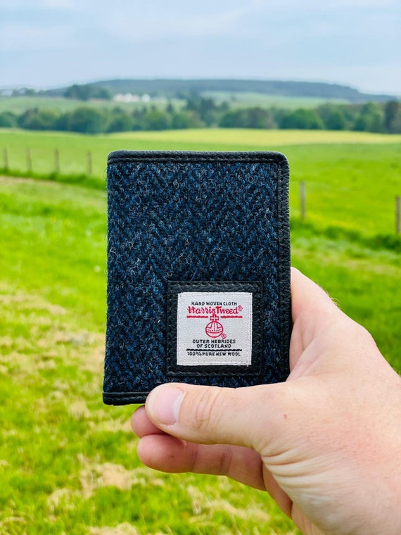 Minimalist Wallet in Blue Harris Tweed. Slim Bifold Wallet 