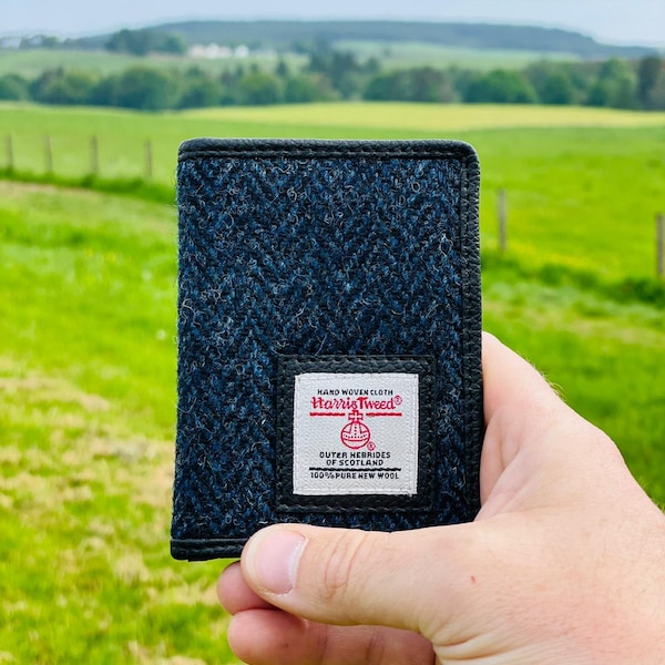 Minimalist Wallet in Blue Harris Tweed. Slim Bifold wallet - cloth wallet.