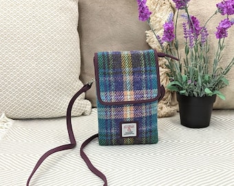 Harris Tweed Mini Crossbody Bag in Green and Purple Plaid . Great small hip bag for essentials. Small Cross body purse .