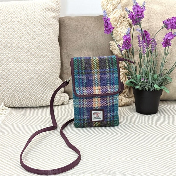 Harris Tweed Mini Crossbody Bag in Green and Purple Plaid . Great small hip bag for essentials. Small Cross body purse .