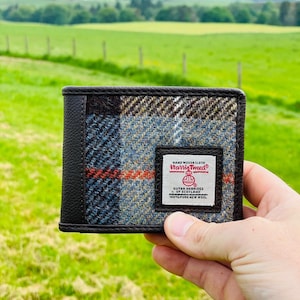 Harris Tweed Geldbörse, kariertes Portemonnaie, Harris Tweed Trifold schottisches Geschenk für ihn. Blau/Braun kariertes Portemonnaie