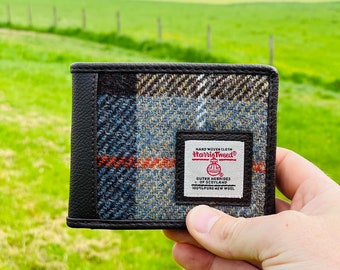 Harris Tweed Wallet, Plaid Wallet, Harris Tweed Trifold Scottish Gift for him. Blue / Brown Checked wallet